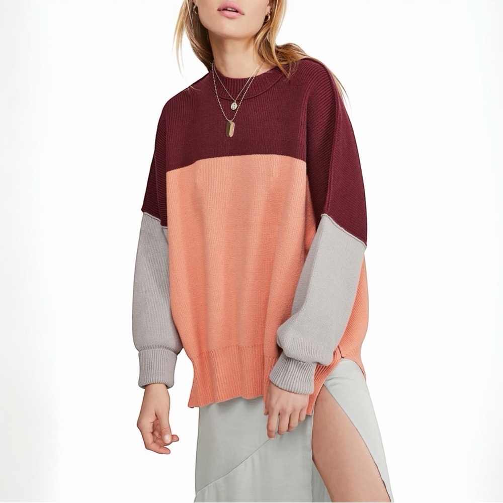 Free People‎ Easy Street Tunic Oversized Colorblock Peach Maroon Beige